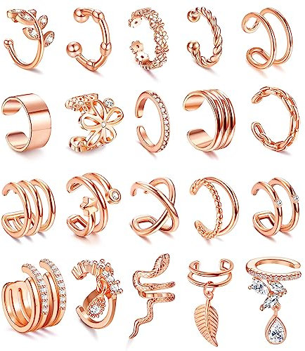 CASSIECA 20 Pcs Faux Piercing Oreille Réglables Ear Cuff Cartilage Clips Oreilles Non Percées Manchettes d'Oreille Sans Trou Boucle d'Oreille Clip pour Femmes Or Rose