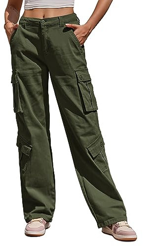 Fuakesor Cargohose Damen Baggy Y2K Multi Taschen High Waist Stretch Wanderhose Sport Jogginghose mit Elastischen Knöcheln(Grün,M)