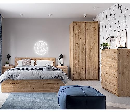 Schlafzimmer Set Bettanlage, Eiche Nb., 7-teilig, mit Bett 160x200, 1 Kleiderschrank, 1 Kommode, 2 Nachttische und 2 Bettschubladen