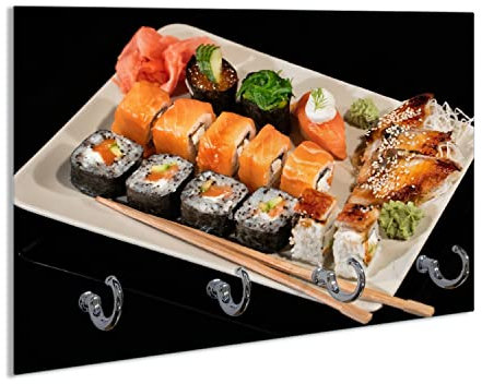 Wallario Handtuchhaken für Bad & Küche aus Glas 30 x 20 cm, Wand Handtuchhalter mit 4 Haken, Motiv: Sushi-Menü mit Inside-Out Sushi, Nigiri und Wasabi