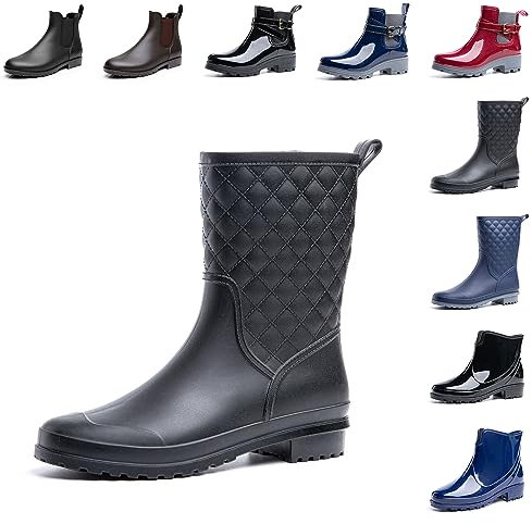 Hitmars Stivali Pioggia Donna Stivaletti Gomma Giardini Chelsea Lavoro Antiscivolo Ankle Boots Nero 38 EU