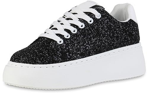 VAN HILL Damen Plateau Sneaker Keilabsatz Glitzer Trendy Schuhe 840510 213013 Schwarz 37