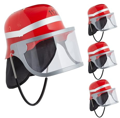 Relaxdays Feuerwehrhelm Kinder 4er Set, verstellbar, klappbares Visier, Nackentuch, Feuerwehr, HBT: 24,5x22,5x28 cm, rot
