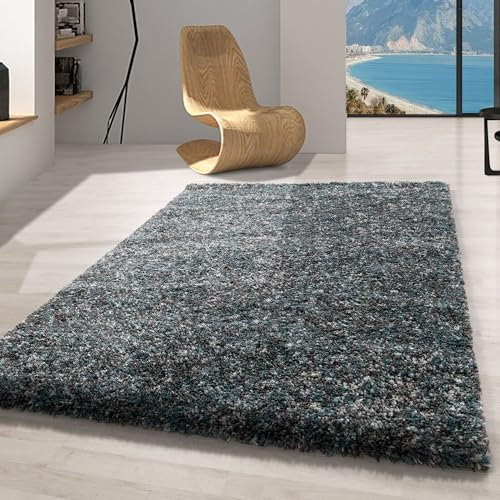 Carpetsale24 Hochflor Teppich 200x290 cm Blau – Großer Shaggy Teppich, Flauschig & Pflegeleicht, Meliertes Design, Jute-Rücken – Für Wohnzimmer & Schlafzimmer