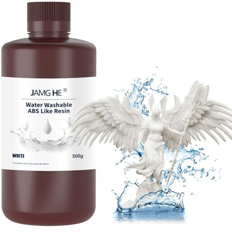 Water Washable ABS Like Resin, JAMG HE Water Washable Art Engineering Photopolymer Resin Toughness Non-Brittle & High Precision Low Odor for LCD DLP SLA 405nm Resin (500g, White)