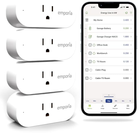 Emporia Energy Monitoring Smart Plug, WiFi Smart Outlet Plug Works with Alexa and Google Home - 15a WiFi Outlet with Timer, Mobile App, Home Energy Monitor, Scheduling - 2.4ghz WiFi Only (4 Pack)