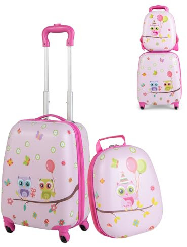 SOARS Kinderkoffer & Rucksack, Kindertrolley mit Rollen & verstellbarem Griff, Koffer Set, Kindergepäck, Reisekoffer Kinder Jungen & Mädchen, für Spielzeug, Kleidung (Eule B, 12+16)