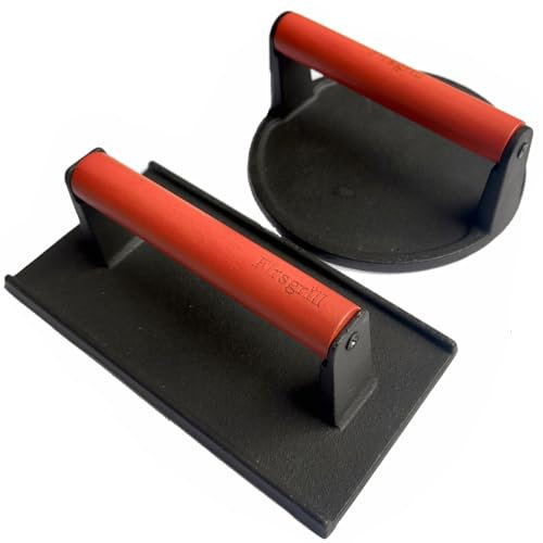 Firsgrill Burger Press 6.6 Round Heavy-Duty Cast Iron Smash Meat Steak with Wood Handle for Blackstone Weber Treager Griddle Grills (YPX) (6.5 Round & 4.3X8.3 Rectangle)
