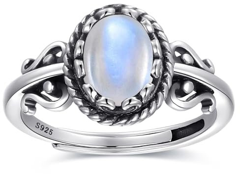 BONLAVIE Mondstein Ring Verstellbare Vintage Offener Ringe für Frauen Oval Mondstein Damen Ring Schmuck