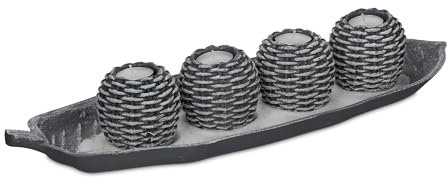 Relaxdays Kerzen Deko, Set mit Dekotablett, 4 Teelichthaltern & Sand, Tischdeko Wohnzimmer, Dekoteelichter, grau/weiß