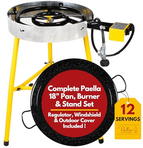 Paelluxe Paella Burner and Stand Set 12 Servings, 18 Inch Paella Pan, Dual Propane Outdoor Stove with Stand & Regulator, Portable Gas Cooker for Camping Crawfish Boil Cooking Outdoor, Paellera Propano