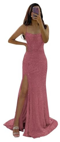 WYX492 Robe longue à manches bouffantes à paillettes pour bal de fin d'année, soirée de mariage Rose poudré Taille 36