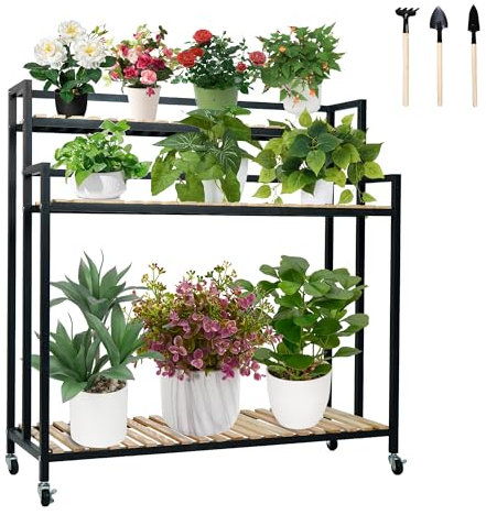 REAWOW Soporte de 3 pisos para plantas, estantería para flores con ruedas, escalera para plantas, soporte móvil para flores con placas de metal y madera, balcón, patio