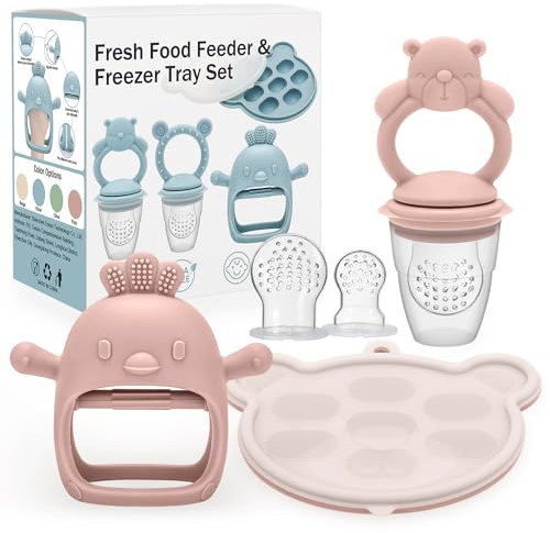 CLDY Baby-Fruchtschnuller für Babys, Aufbewahrungsbehälter für Babynahrung und 3 Silikonsaugern in 3 Größen für Kleinkinder ab 3 Monaten Baby-muttermilch-Zahnen-Eis am Stiel, BPA-frei (1 Satz Rosa)