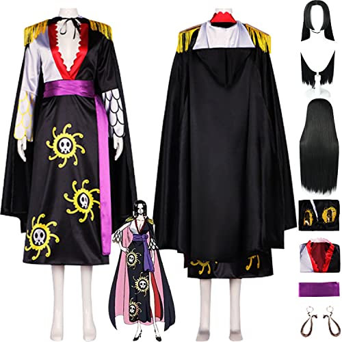 Tjmiaohao Anime One Piece Boa Hancock Cosplay Kostüm Outfit Schwarz Uniform Kleider Mantel Full Set Halloween Karneval Dress Up Anzug mit Perücke Ohrringe für Frauen Mädchen (XXXL)