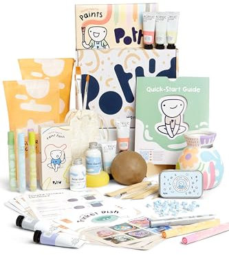 Pott'd Deluxe Edition Air Dry Clay at-Home Pottery Kit for Beginners Including Tools, Paints, Brushes, Varnish Seal, Instruction and Inspo Guide, Paint Pens, Pottery Stamps