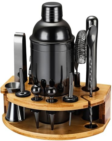 Kit Shaker à Cocktail avec Support, Kit Cocktail 12 Pièces en Acier Inoxydable avec Shaker Cocktail de 750ML Pilon Verre Doseur Cocktail, Machine à Cocktail Set pour Bar à Domicile, Fête (Noir)