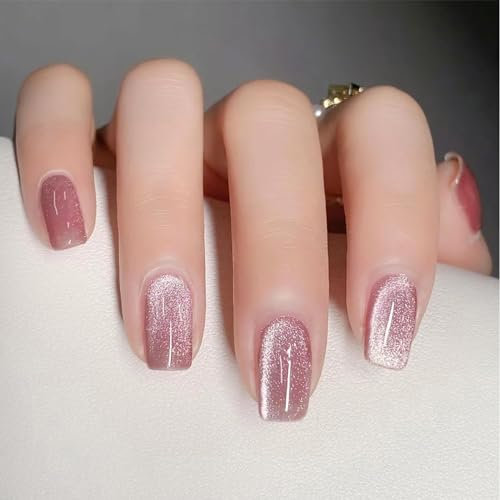 Hebterrka Yeux de Chat à Presser sur les Ongles, Taille Moyenne, Faux Ongles Carrés, Designs Brillants Complets