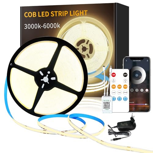 Yeewhale cob Led strip 15m,APP Steuerung,mit Fernbedienung,flexible Dimmbar cob LED Streifen, DC24V 3000k Warmweiß LED band, anwendbar auf Schlafzimmer, Raum,DIY Dekoration