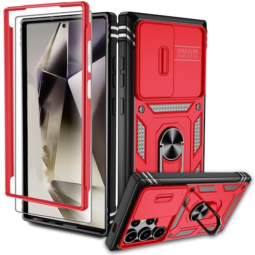 Pilaru Samsung Galaxy S24 Ultra 5G Hülle, Kameraschutz Handyhülle mit Stück Schutzfolie, 360° Drehhalter Ring Schutzhülle Militär Stoßfest Kratzfest Handy Hüllen für Samsung S24 Ultra, Rot Schwarz