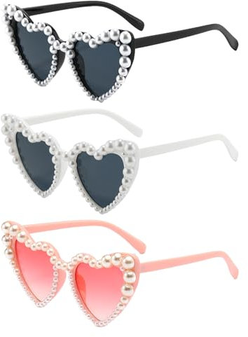 Sporgo 3 Stück Retro Herz Perle Sonnenbrille Damen Frauen: UV400 Schutz Herzform Brille Vintage Partybrille mit Perlen für JGA Festival Hochzeit