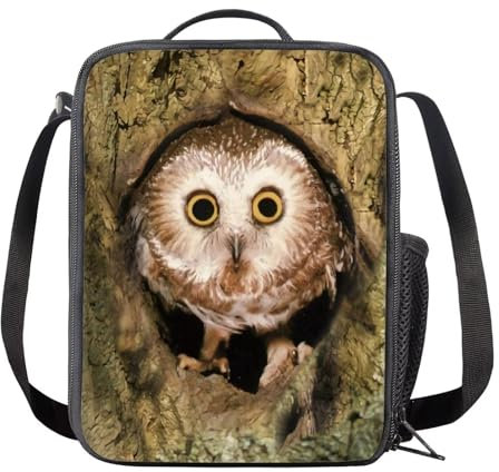 Amzbeauty Kleine Lunchbox mit Eulen-Aufdruck, für Schule, Jungen, Mädchen, Kinder, wiederverwendbare Eulen-Lunch-Tasche mit Wasserflaschenhalter