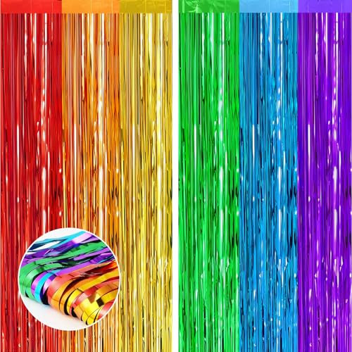 2pcs Tinsel Rainbow Glitter Foil Door Curtain, 3.2ftx6.5ft Foil Fringe Curtain Streamers Shimmer Backdrop Decorations for Birthday Wedding Disco Party