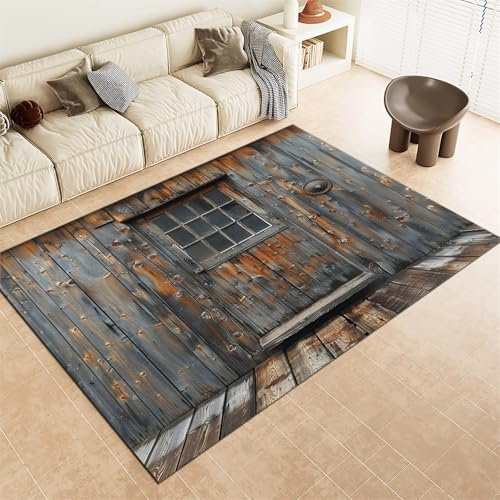 Srigzcaly Teppich rutschfeste für Wohnzimmer Esszimmer, Retro-HolztüR Dekor Teppich für Eingangsmatte Kinderzimmer - Mehrfarbig Kurzflor Flanell Teppiche Pflegeleicht Waschbare 60x90cm