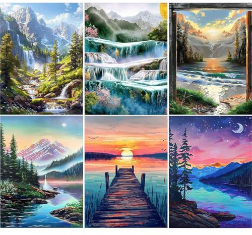 Yunruily 6 Pack Landscape Paint by Numbers Adults-Canvas Paint by Numbers for Adult Landscape,Paint by Number Canvas for Adults for Gifts Home Wall Decor 12x16inch