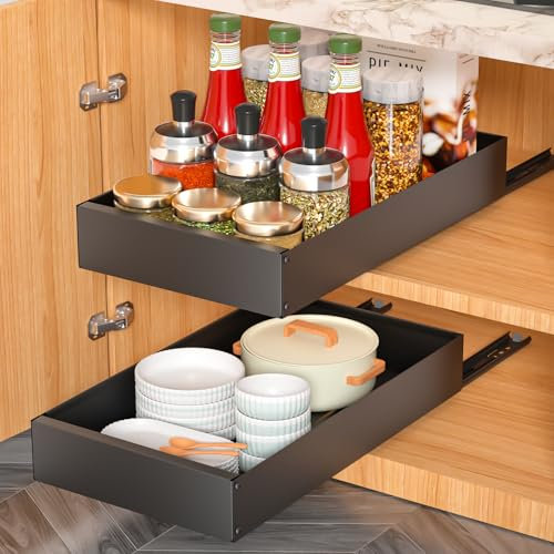 PNNP Ausziehbare Schublade Küche 2 Stück: Teleskopschublade zum Kleben Schrank Organizer für Küchenschrank Innenschublade Organizer Slide Out Drawer (25 B x 42.5 T x 7 H cm)