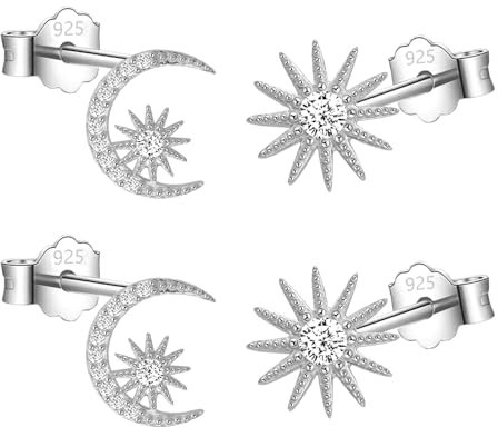 HinDaLi 2 Paar Ohrstecker Sonne Mond Stern Ohrringe Silber 925 für Frauen Mädchen Damen Ohrstecker Silber Ohrringe Mond Sterne Stecker Zirkonia Ohrringe Damen Set Diamant Ohrringe aus Silber Glitzer
