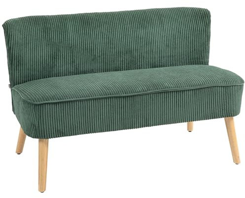HOMCOM Sofa 2 Sitzer modern Couch ohne Armlehne Gepolstert Polstersofa mit Cord-Optik, klein Loungesofa mit Holzbeine für Wohnzimmer, 117 x 56,5 x 77 cm, Grün