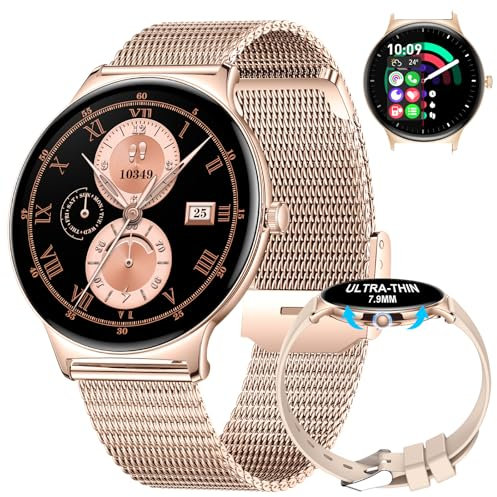 Women's Smart Watch for Android iOS with Bluetooth Phone Calls 7mm Round Dial Female Smartwatch 1.43 AMOLED Always-On Display Heart Rate Sleep Monitor Rose Gold Mesh Ladies Smartwatch 100+ Sport