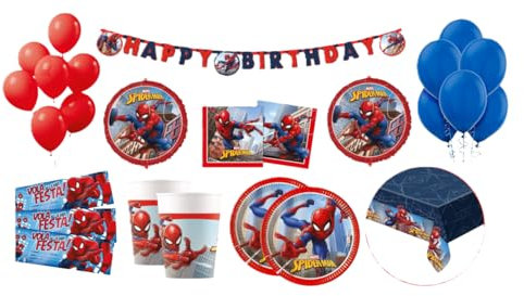 Kit Compleanno a Tema Spiderman 136pz (24 Bicchieri, 24 Piatti, 40 tovaglioli, 20 inviti, 12 Palloncini Rossi, 12 Palloncini Blu, 1 Palloncini Spiderman, 1 Festone, 1 tovaglia, 1 Festone bandierine)