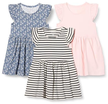 Amazon Essentials Robe en Jersey à Volants Fille, Lot de 3, Fleuri/Rose Pâle/Tissu Rayé, 9 Ans