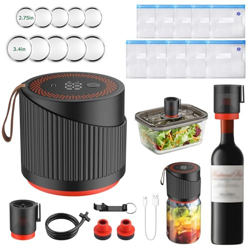 JiGiU 3 in 1 Electric Mason Jar Vacuum Sealer Kit Jar Sealer Vacuum Sealer for Jars, Vacuum Bag, Wine Bottle, Wide and Regular Mouth Mason Jar Lids, Automatic Vacuum Sealer Mason Jar for Food Storage