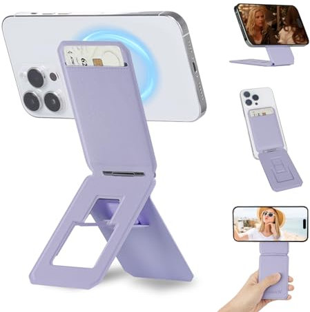 iontech Phone Stand Tripod Wallet Compatible with MagSafe iPhone 16/15/14/13/12 Series, 3 in 1 Strong Magnetic Phone Holder, Vegan Leather Wallet, Lightweight & Adjustable Cell Phone Stand (Purple)