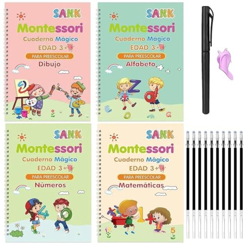 VODAFQS 4 Pièces Cahier d'Écriture Magique pour Enfants avec 1 Stylos, 10 Recharges et 1 Aides Écritures, Apprentissage de l'Écriture et du Dessin, avec Stylos et Aides à l'Écriture