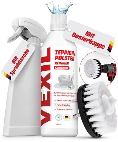 VEXIL Teppichreiniger & Polsterreiniger Konzentrat mit Rundburste & Mischflasche - für alle Akkuschrauber geeignet - auch für Geräte wie Nasssauger - für alle Textilien - Made in Germany