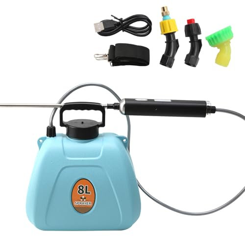 Garden Sprayer 8L,Battery Powered Pressure Sprayer with 3 Mist Nozzles,USB Rechargeable Handle and Retractable Wand,Electric Weed Spray & Water Spray with Adjustable Shoulder Strap,Blue