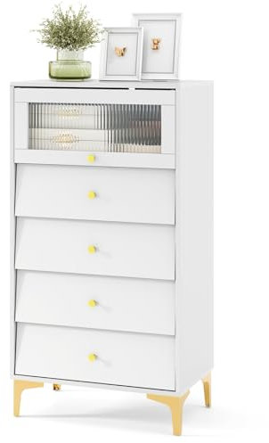 KOMFOTTEU Commode Tiroirs avec 1 Armoire à Porte en Verre, Meuble Rangement avec Pieds en Métal, Armoire à Tiroirs Moderne, pour Chambre, Salon, Bureau, Blanc (4 Tiroirs, 60 x 40 x 112,5 cm)