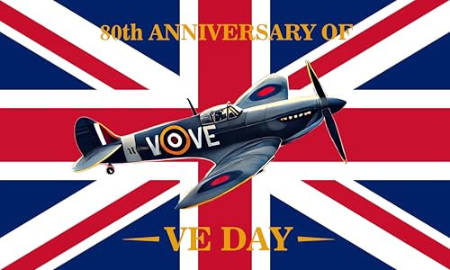 2025 VE Day 80th Anniversary 0,9 x 1,5 m bandiera decorazioni memorabilia 80 anni vittoria in Europa, decorazioni patriottiche Spitfire per la vittoria in Europa RAF WW2 1945 Union Jack