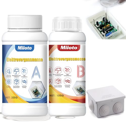 Miioto Gel Isolant Electrique, Gel Etancheite Electrique 300g A+B et Boite Derivation, Mastic de Scellement Électrique, Convient aux Platines, Manchons de Câble, Transparent, Isolant et Imperméable