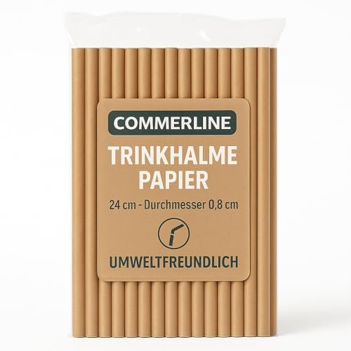 Commerline 100 Stück Papierstrohhalme, Trinkhalm mit Ø 8 mm, 24 cm, Braun Cocktail-Strohhalme für Partys, Strohhalme aus Papier für Mixgetränke, Smoothies, biologisch abbaubar Trinkhalme Papier