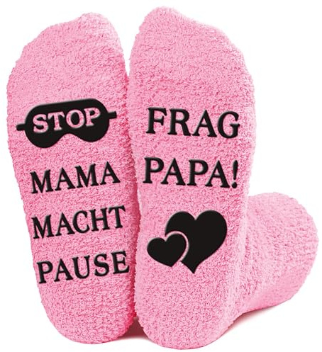 Gemtte Socken Geschenk Mama 38-41 Rutschfest Baumwolle, Lustige Socken mit Spruch MAMA MACHT PAUSE! FRAG PAPA! Geburtstag Geschenk Muttertag für Frau Damen Weihnachtssocken