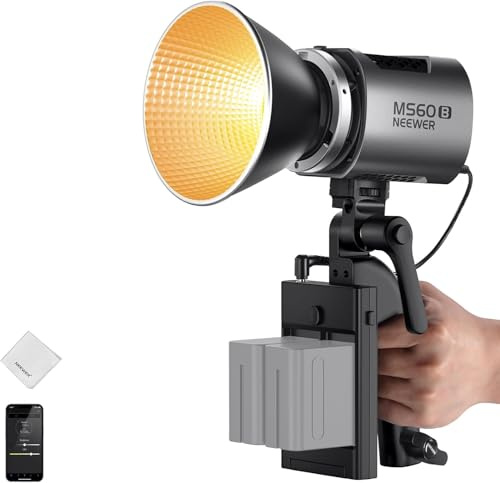 NEEWER MS60B LED Videolicht 2,4G/APP Steuerung, 65W Metall Mini Kompakt COB Dauerlicht Bowens Scheinwerfer für Fotografie Studio Aufnahme, 40000lux/1m 2700-6500K CRI 97+/TLCI 98+, Silber