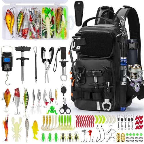 THKFISH 87-teiliges Angelwerkzeug-Set, Rucksack und Angelbox mit Angelzubehör, Köder, Haken, Senker, Zubehör-Set, Zange, Fischlippengreifer, Angelausrüstung und Angelgeschenk für Männer