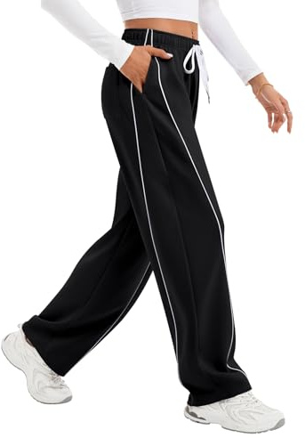 IVIR Track Pants Women Barrel Wide Leg Sweatpants Black | Baggy High Elastic Drawstring Waist,Sweat Pants with Pockets,Side Striped,Athleisure Sporty