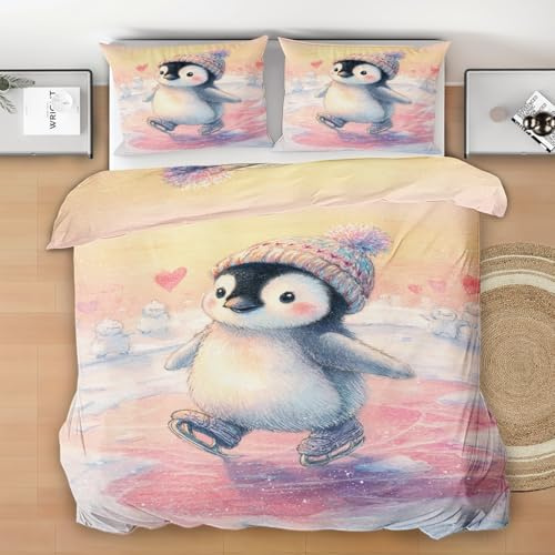 Generisch Bettwäsche 135x200 2 Teilig Süße Pinguine, Cartoon Pinguin Wendebettwäsche, Junge Mädchen Kinder Bettbezug Microfaser mit 1 Kissenbezug und Reißverschluss