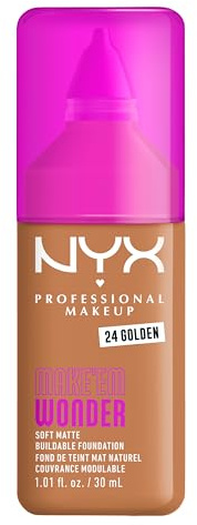 NYX Professional Makeup Make 'Em Wonder Foundation, 24H Soft Matte Aufbaubare Foundation, Mit hoher Deckkraft, Mattes Finish, 24 Golden